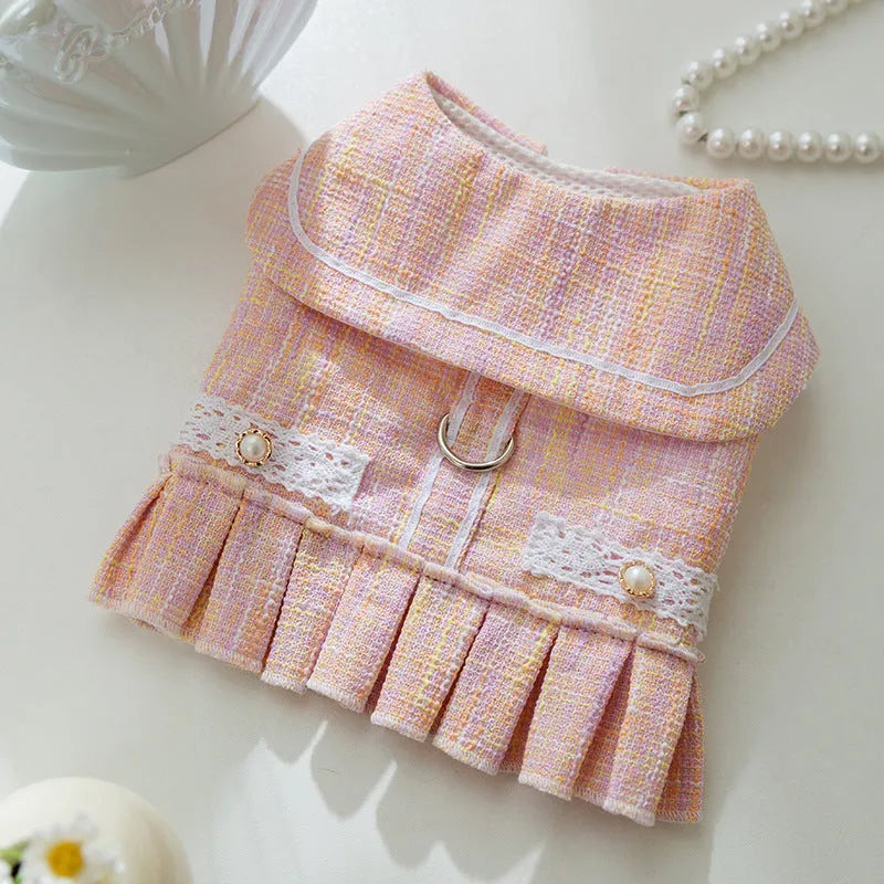 Purple and pink lightweight polyester pet clothes for small dogs and cats in sizes S, M, L, and XL.