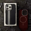 Carbon fiber grain magnetic phone case for iPhone 15 in grey finish with textured surface and camera cutout