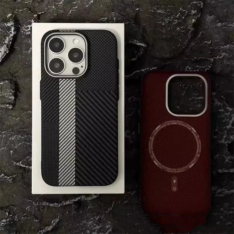 Carbon fiber grain magnetic phone case for iPhone 15 in grey finish with textured surface and camera cutout