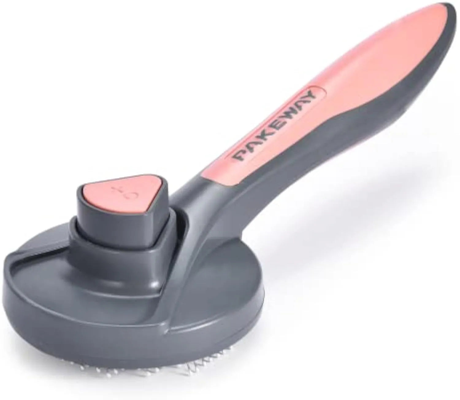 Grey, green, and pink self-cleaning slicker brush for cats and dogs with a non-slip handle.