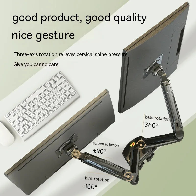 Dual monitor desk clamp bracket showing VESA mounting arms and height adjustment mechanism.