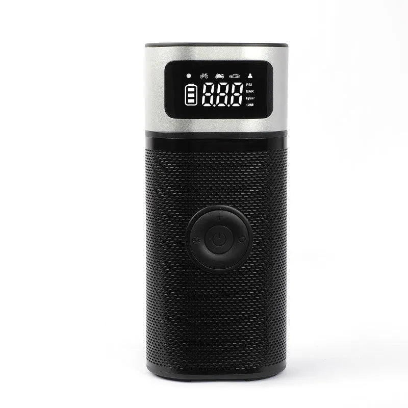 Black portable wireless smart vehicle air pump with LED light and multiple inflation nozzles