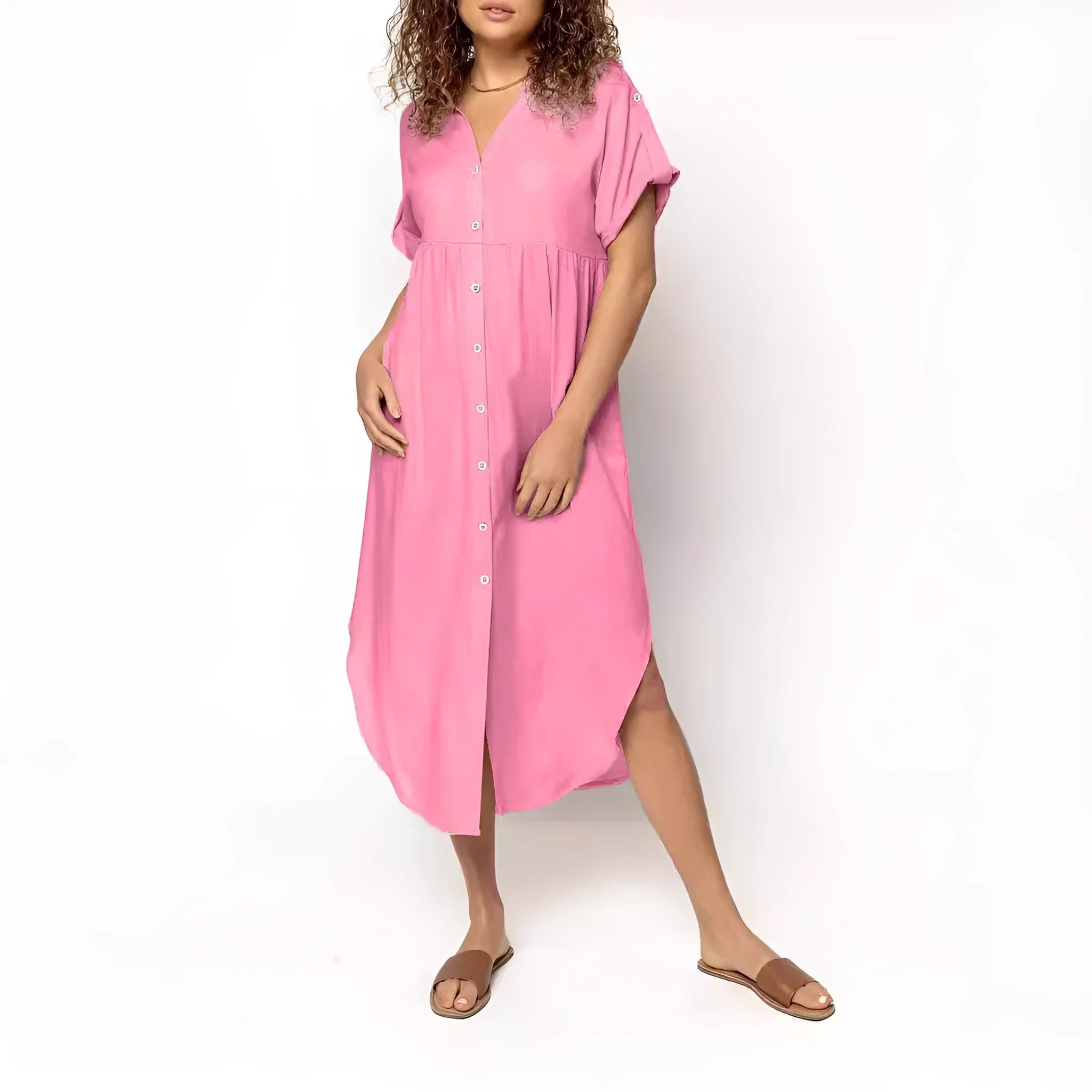 Loose mid-length casual dress with button front in solid colour, shown in apricot