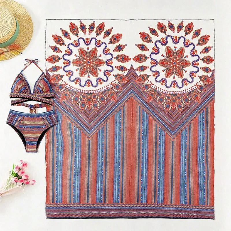 Women's three-piece swimsuit set showing high-waist briefs, cutout sleeveless top, and matching coat in coordinating colours