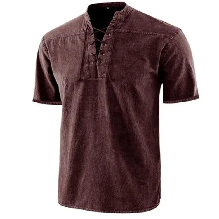 Men's retro short-sleeve shirt with tie collar lace-up detail in solid colour, loose fit, available in multiple colours and sizes.