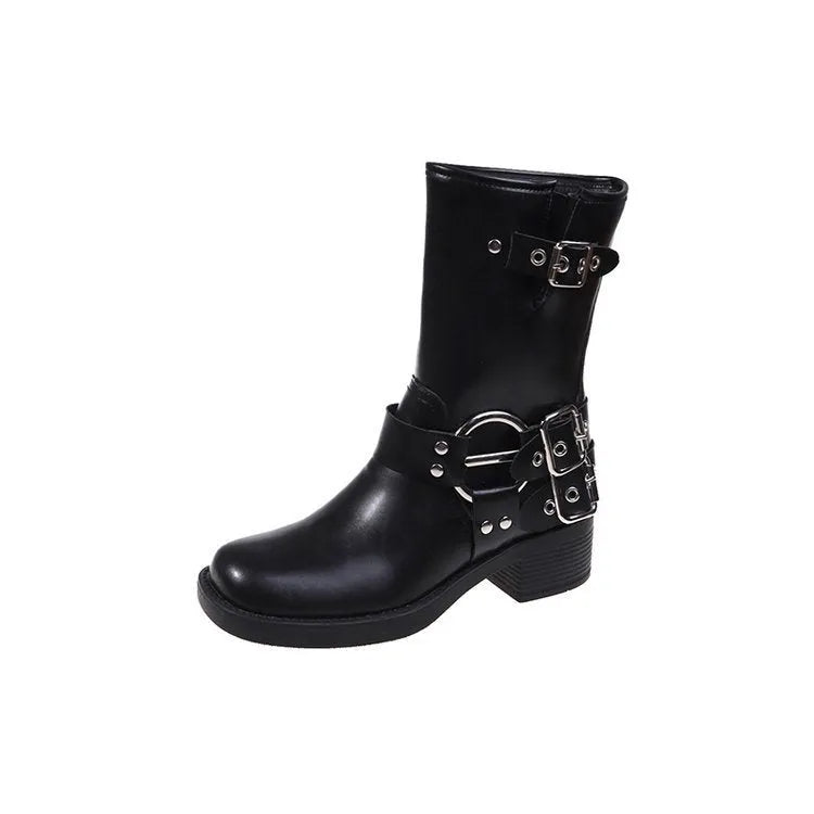 Women's black platform boots with mid-calf sock design and ankle buckle strap