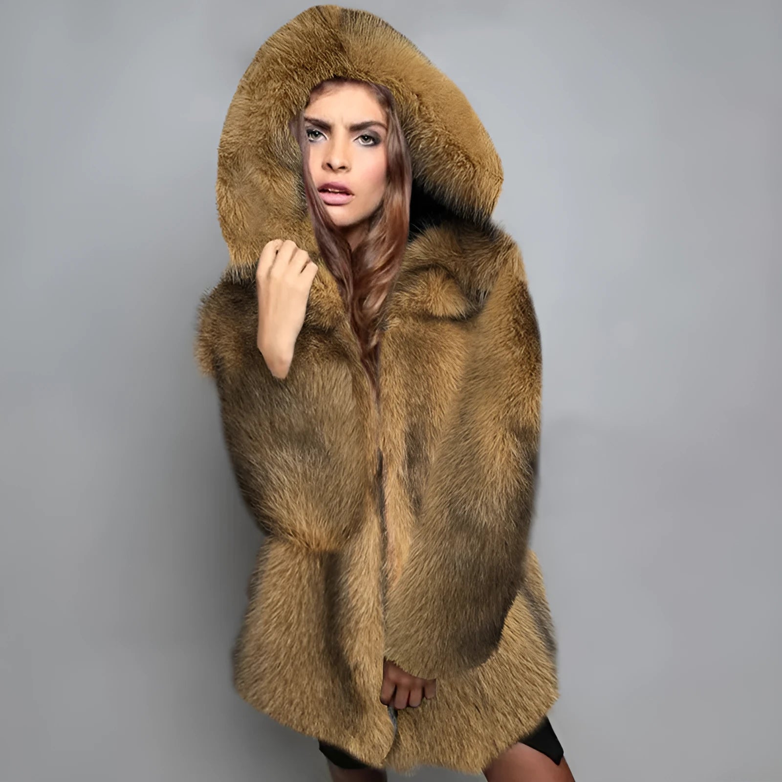 Silver grey artificial fur coat with mid-length 65cm design and loose trendy silhouette