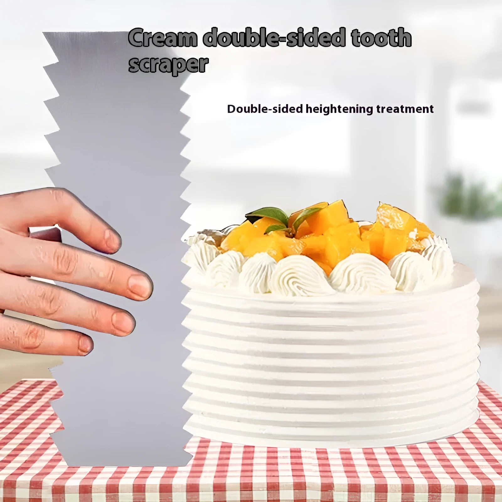 Stainless steel cake decorating scraper showing polygon pattern edge design