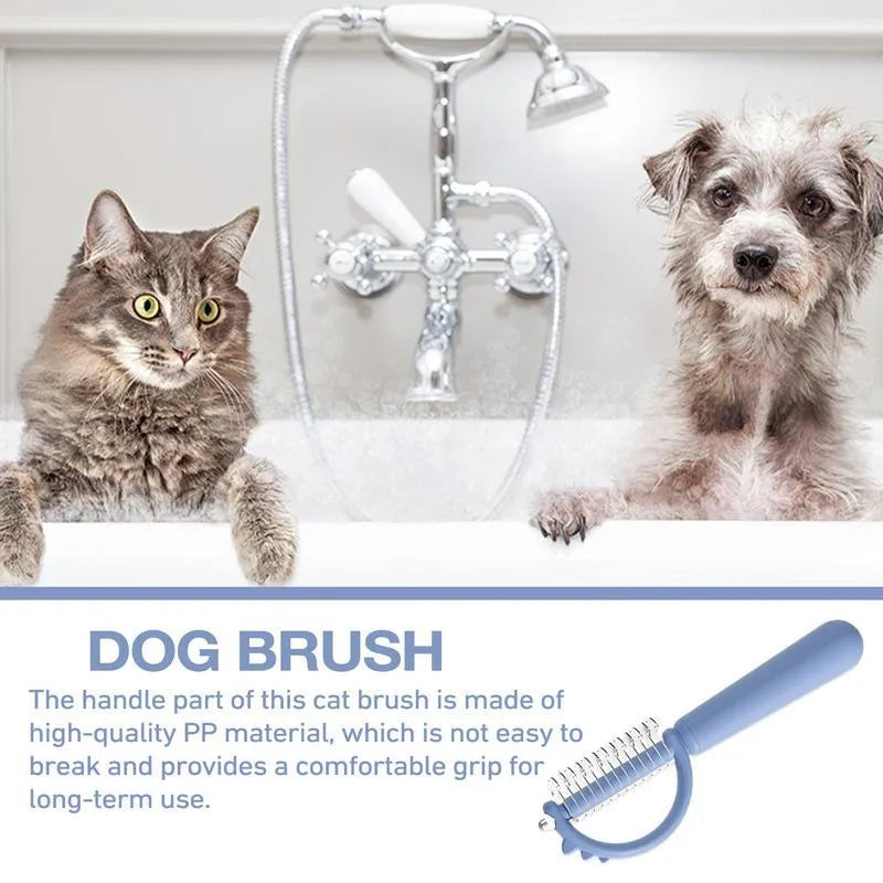 Blue dinosaur-shaped cat brush with self-cleaning button and double-sided bristles