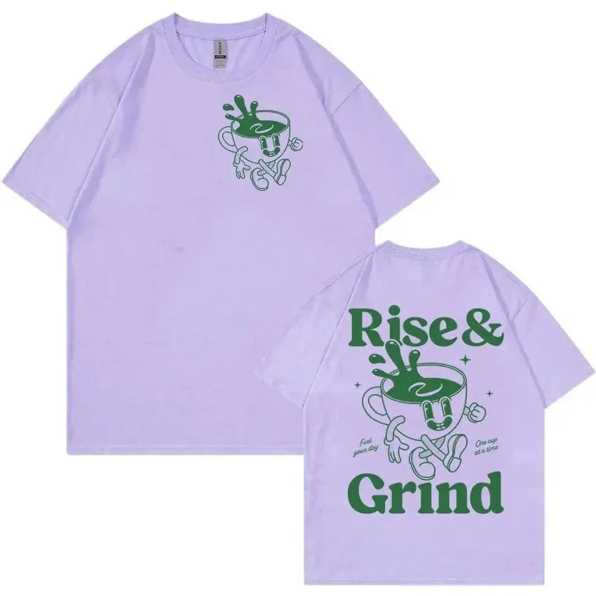 Linen loose-fit t-shirt with Rise And Grind green coffee bag cartoon graphic, shown in multiple colours.