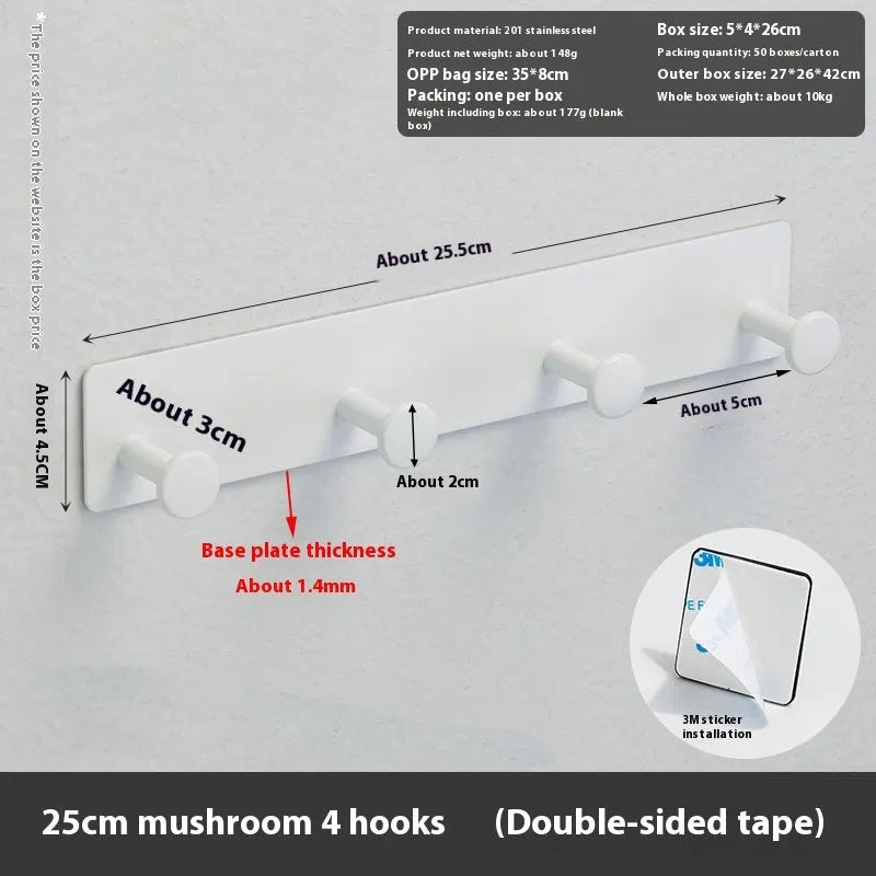 Mushroom design screwless clothes hook for shower doors in black or white, with 2, 3 or 4 hooks.