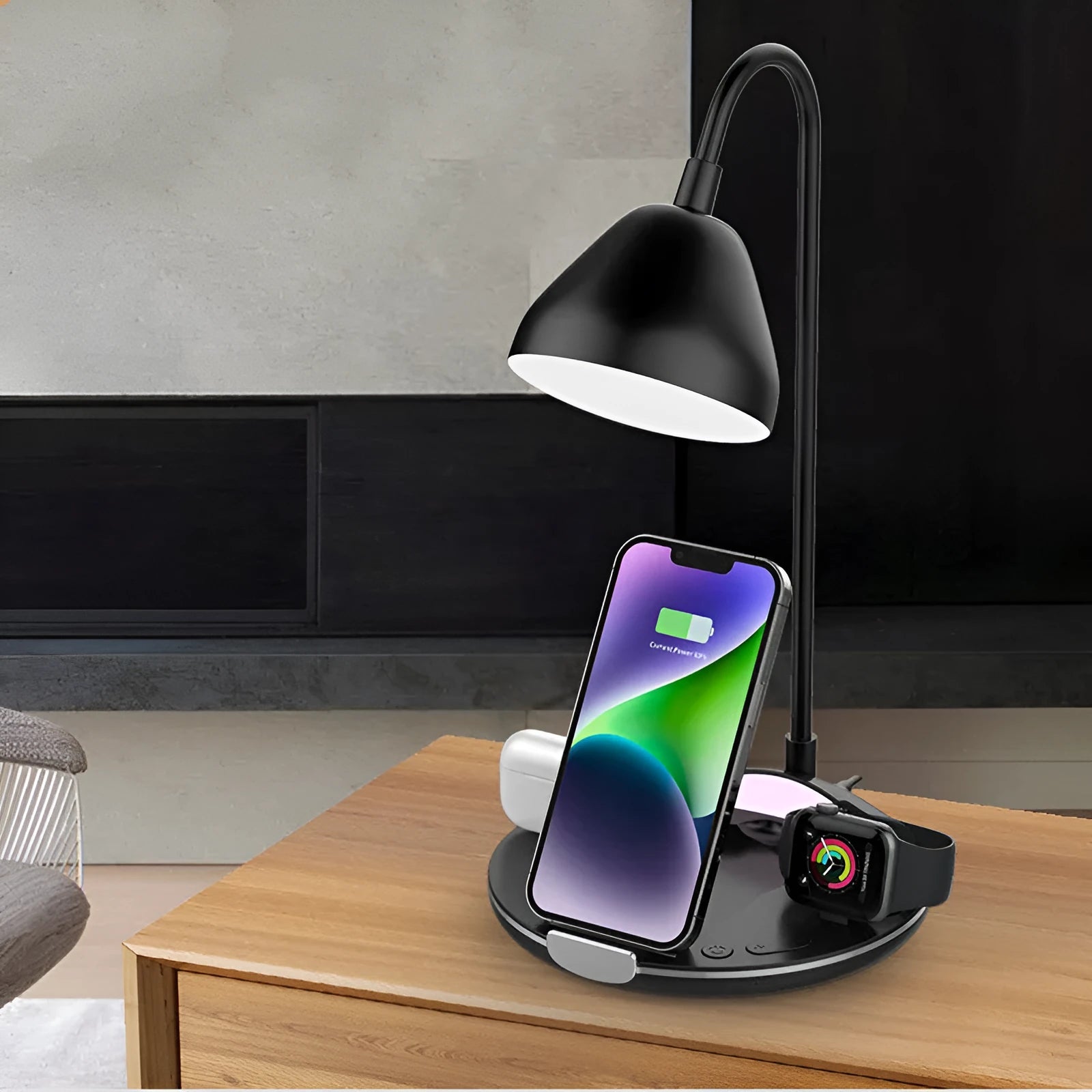 Black and white magnetic folding wireless charger with adjustable stand shown in folded position