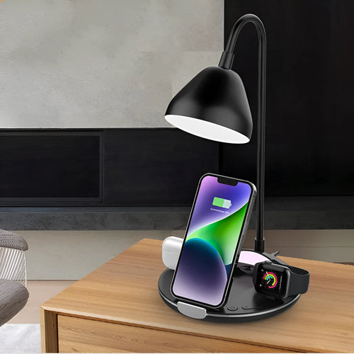 Black and white magnetic folding wireless charger with adjustable stand shown in folded position
