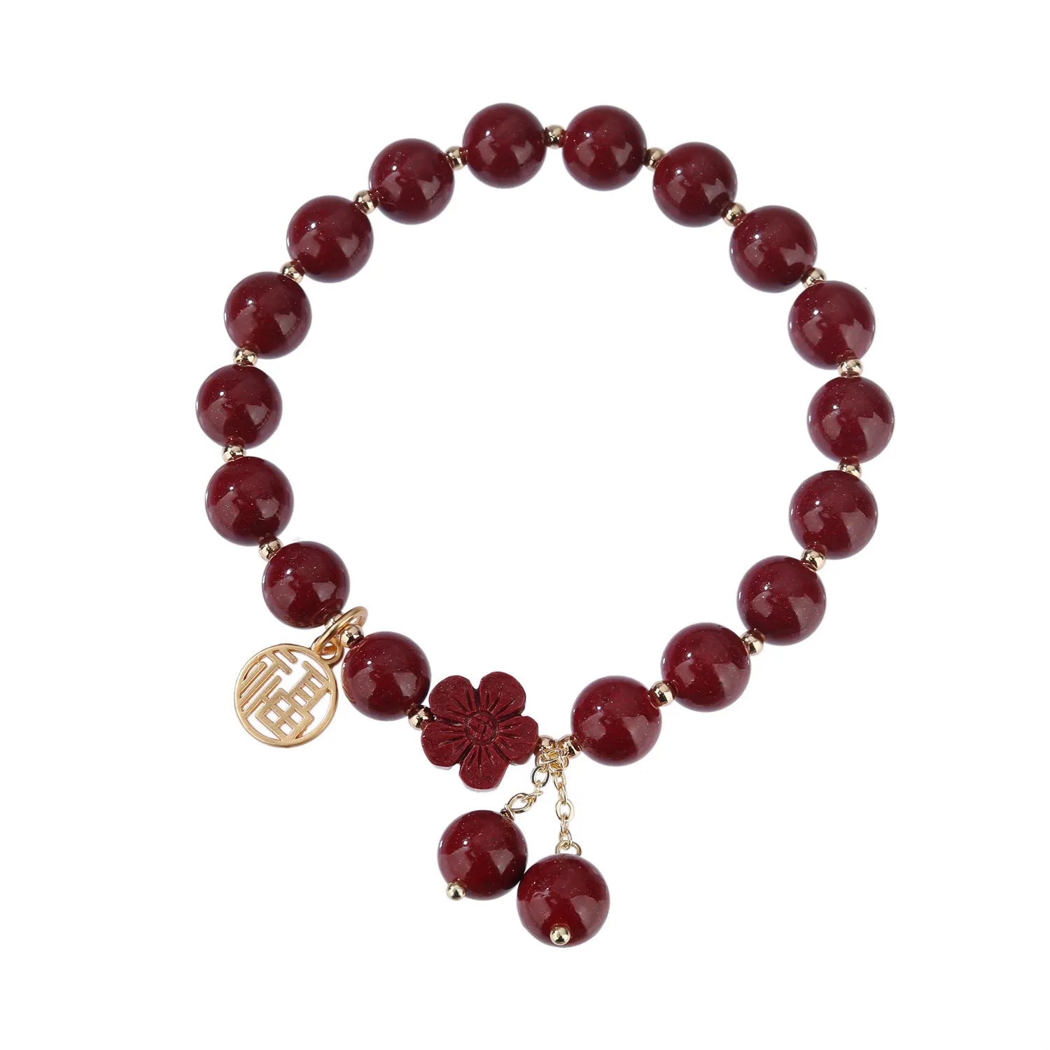 Retro national style cinnabar bracelet with purple gold sand, fu character and peach blossom motifs