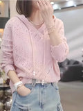Women's loose-fit crochet hooded longsuit undershirt in a solid colour, showing long sleeves and textured knit detail.