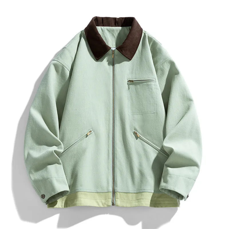 Men's loose fit workwear jacket with contrast lapels and side seam pockets in mint green colour