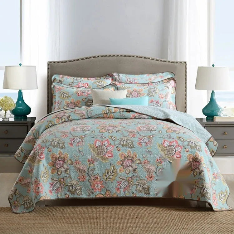 Pure cotton bedspread three-piece set with geometric print pattern showing bed cover and pillowcases