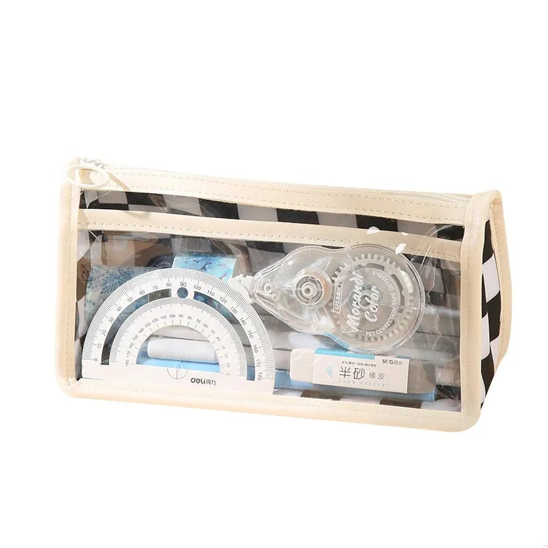 Transparent PVC pencil case with chessboard pattern showing pens inside, 21.5 cm length
