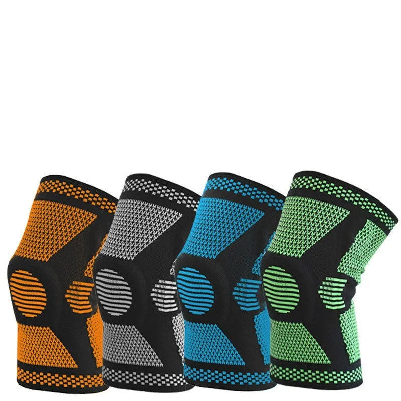 Sports knee pads with silicone spring design in blue colour showing polyamide sleeve construction