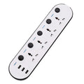 Multi-switch international power strip with UK, US, and EU plug options and USB charging ports.