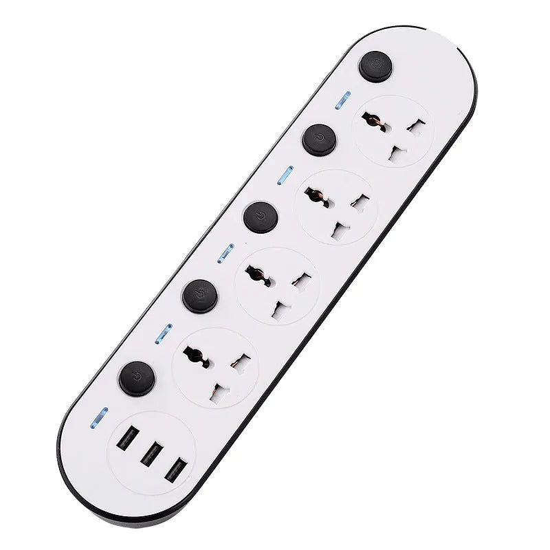 Multi-switch international power strip with UK, US, and EU plug options and USB charging ports.
