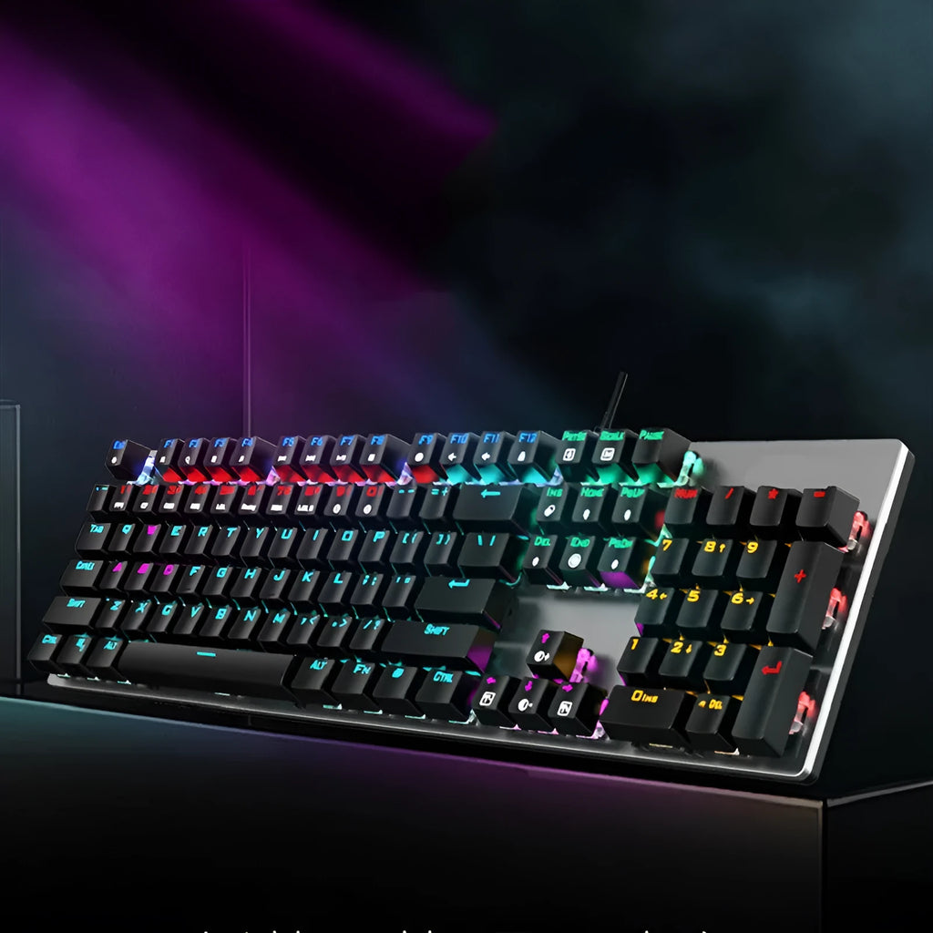 AOC GK410 green axis mechanical keyboard with 104 keys, metal construction, and USB cable