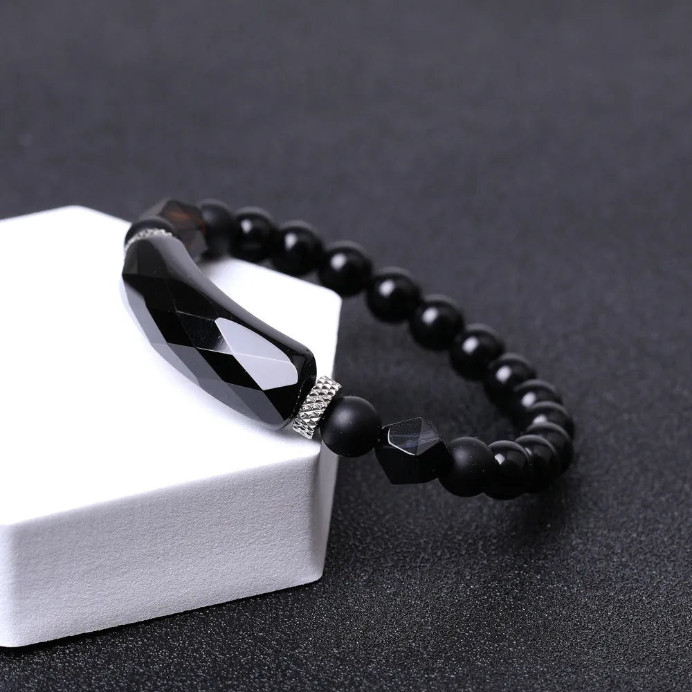 Black agate diamond-cut bracelet with geometric fan-shaped beads, handmade unisex jewellery