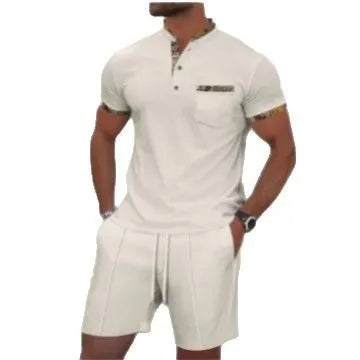 Men's grey summer suit with polo collar short sleeve jacket and matching shorts on hanger