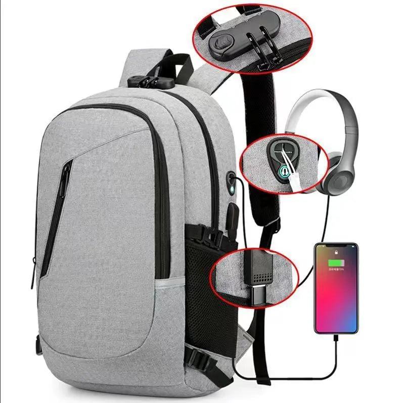 Grey Oxford cloth computer backpack with 35 litre capacity showing front compartment and shoulder straps