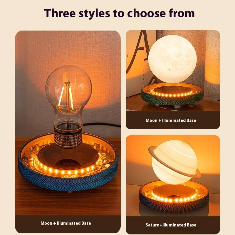 Magnetic suspension moon night lamp floating above base with 3D-printed celestial design