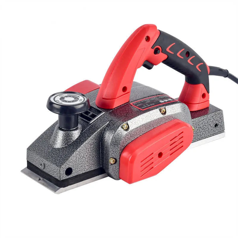 Red aluminium electric wood planer with 82mm working width for desktop woodworking