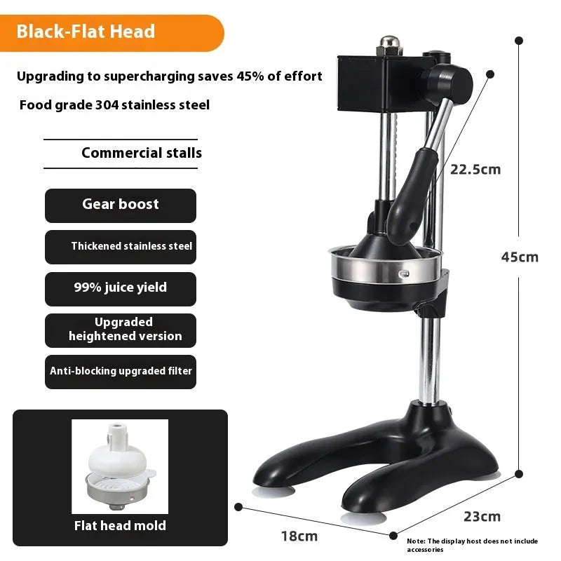 Vertical stainless steel manual juicer with three tip options: pointed head, flat head, and double head.