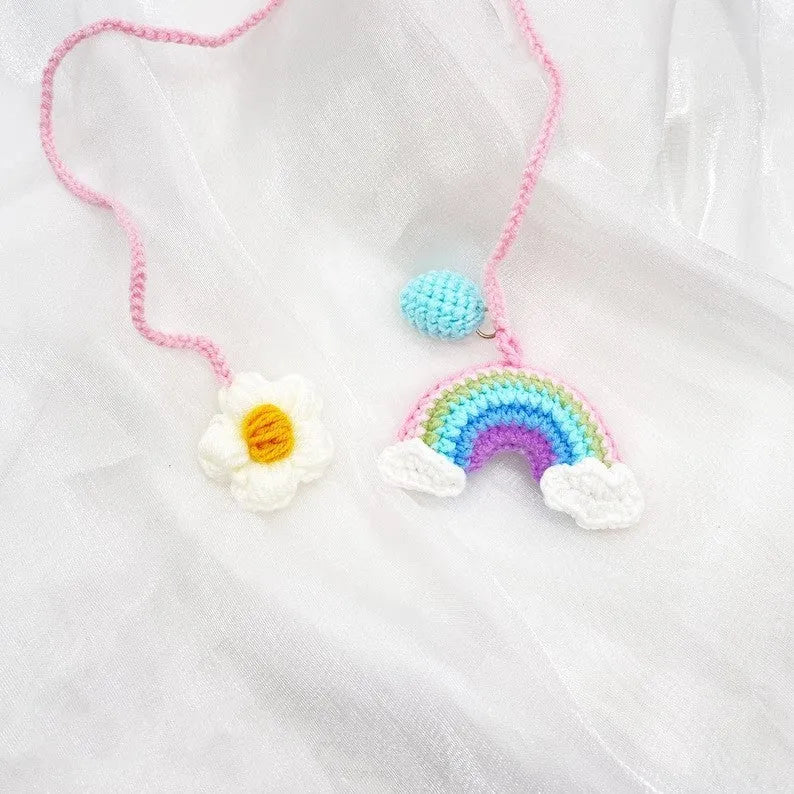 Handmade crocheted avocado with rainbow flower car pendant hanger in wool yarn