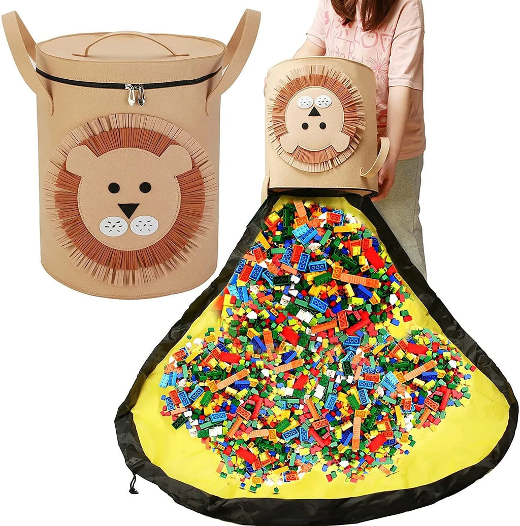 Green felt cube storage bag open as play mat with pull rope closure for children's toys
