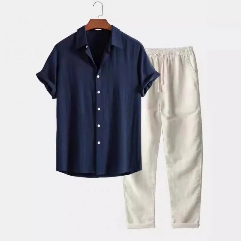 Men's loose fit casual short sleeve shirt and trousers set in linen-look fabric