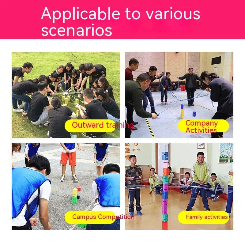 ABS plastic team building equipment set with pull ropes and tower blocks in multiple colours