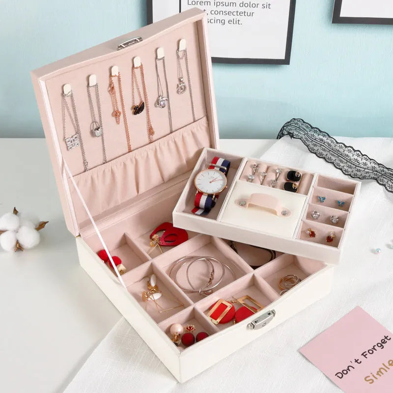 Large capacity red jewellery storage box with compartments for necklaces and rings