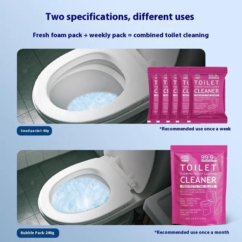 Toilet cleaning effervescent foam powder in blue ocean and pink floral fragrance options.