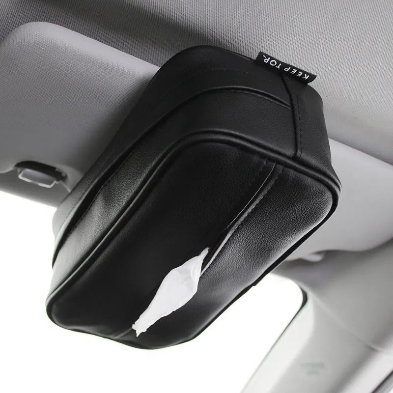 Black PU leather car hanging storage box with integrated paper bag holder