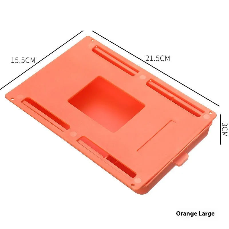 White plastic under table storage box with drawer lid and adhesive base for hidden organisation