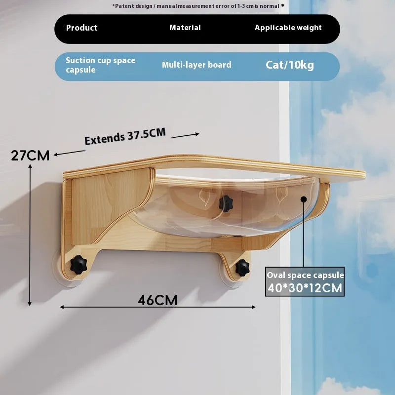 Space capsule cat scratching post mounted on wall with sisal scratching surface