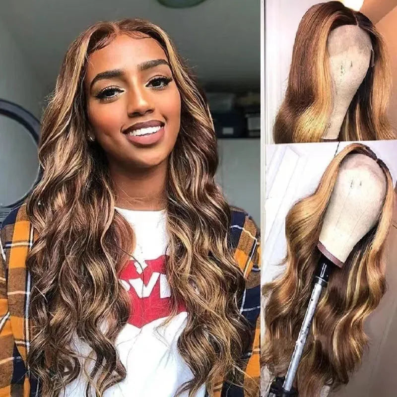 Front lace wig with gradient black colour and big waves, showing side bangs and natural hairline