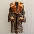 Women's leopard print artificial fur jacket showing 80cm length and regular sleeve design