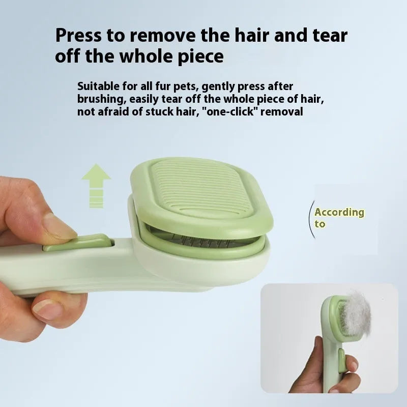 Large light grey pet grooming comb with stainless steel teeth and a built-in one-click shaver in the handle.