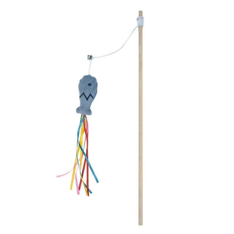 Wooden cat wand toy with colourful ribbons, catnip fish and bell attachment for interactive indoor play