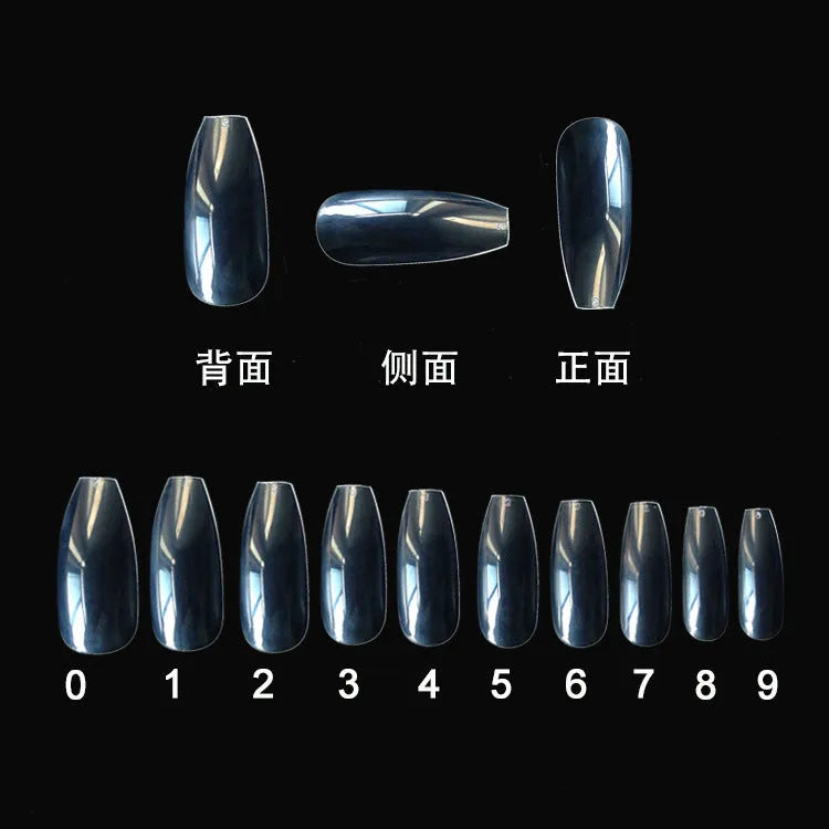 500 transparent natural false nails in 10 sizes, made from ABS material for gel or acrylic application.