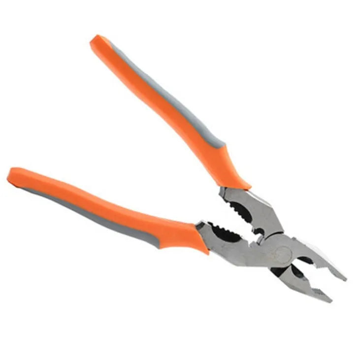 Orange multi-function wire cutter pliers with alloy steel jaws and textured PVC handles.