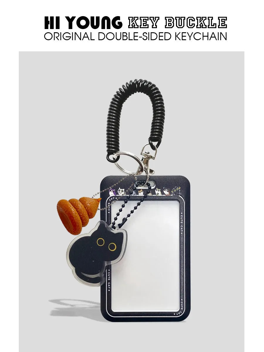 Cartoon black cat plastic card sleeve holder with a silver ferrule pendant attached.