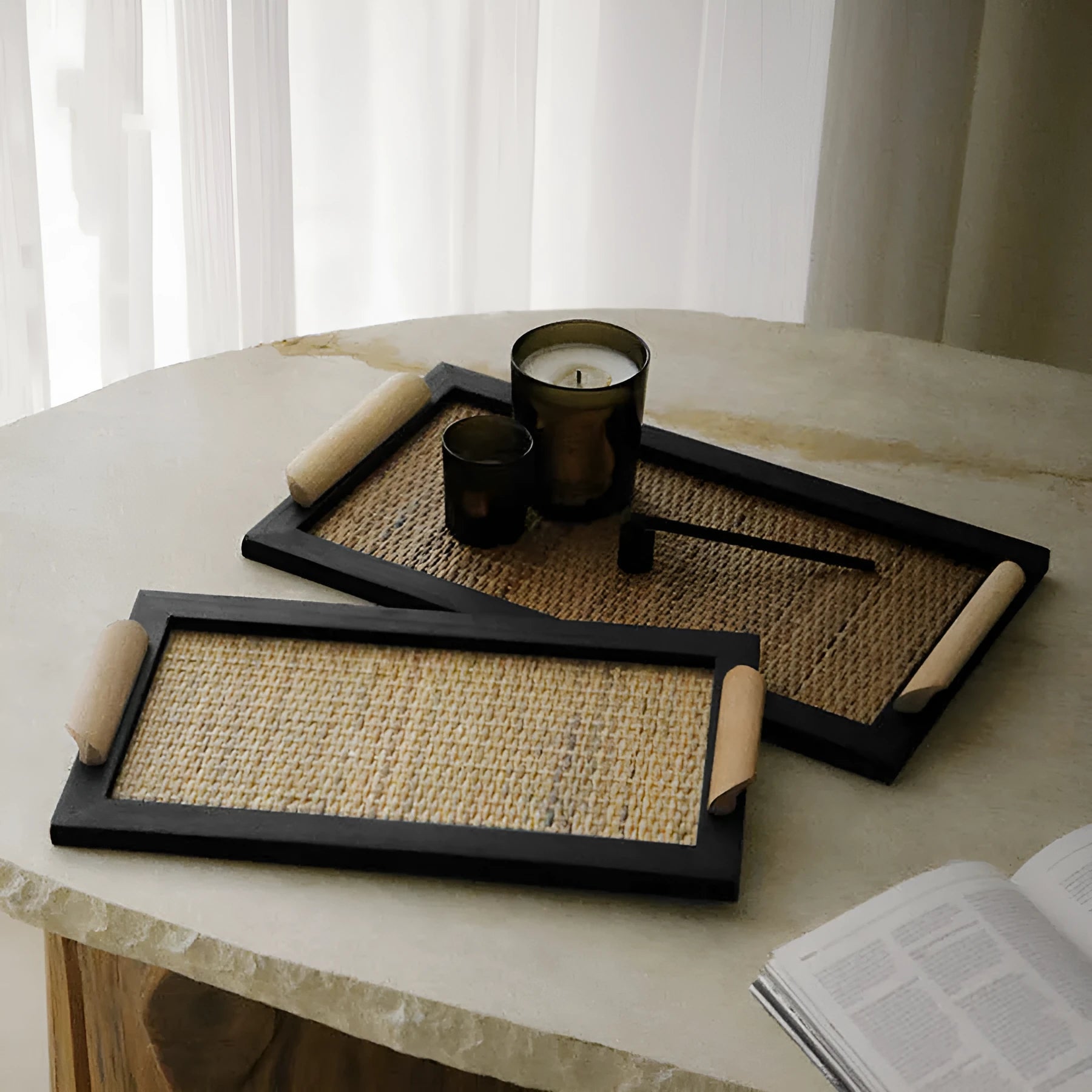 Pine wood dining tray with compartments, shown in small and large size options.