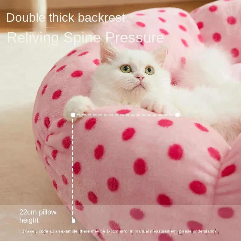 Pink dotted fabric round cat bed in 45cm or 65cm diameter for pets up to 20 pounds